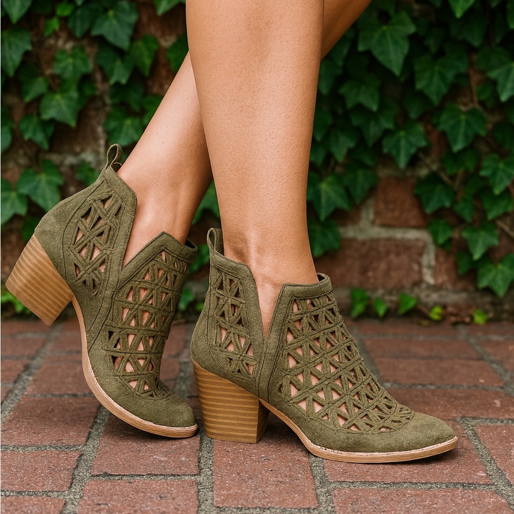 JEFFREY CAMPBELL Sagat Laser Cut Olive Suede Boots, 8.5